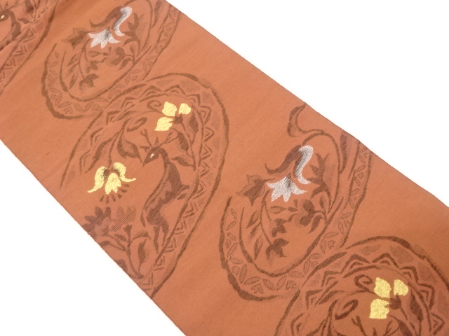 JAPANESE KIMONO / ANTIQUE NAGOYA OBI / SILK / WOVEN FLORAL PLANTS & DEER